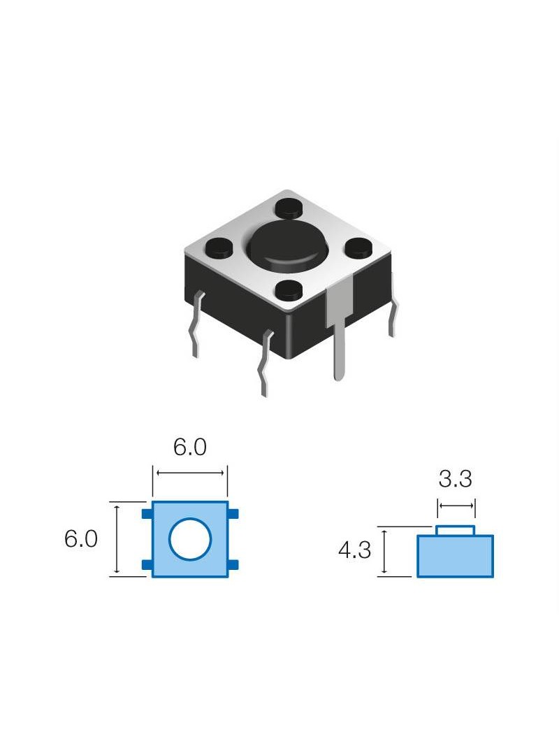 MICRO PULSADOR DE TACTO DIP 4 PIN - (ON) OFF - PARA PCB PASANTE - 6x6x4,3mm