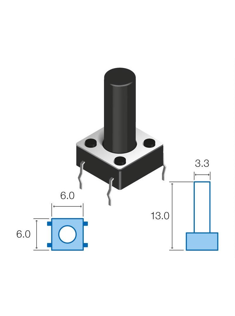 MICRO PULSADOR DE TACTO DIP 4 PIN - (ON) OFF - PARA PCB PASANTE - 6x6x13mm