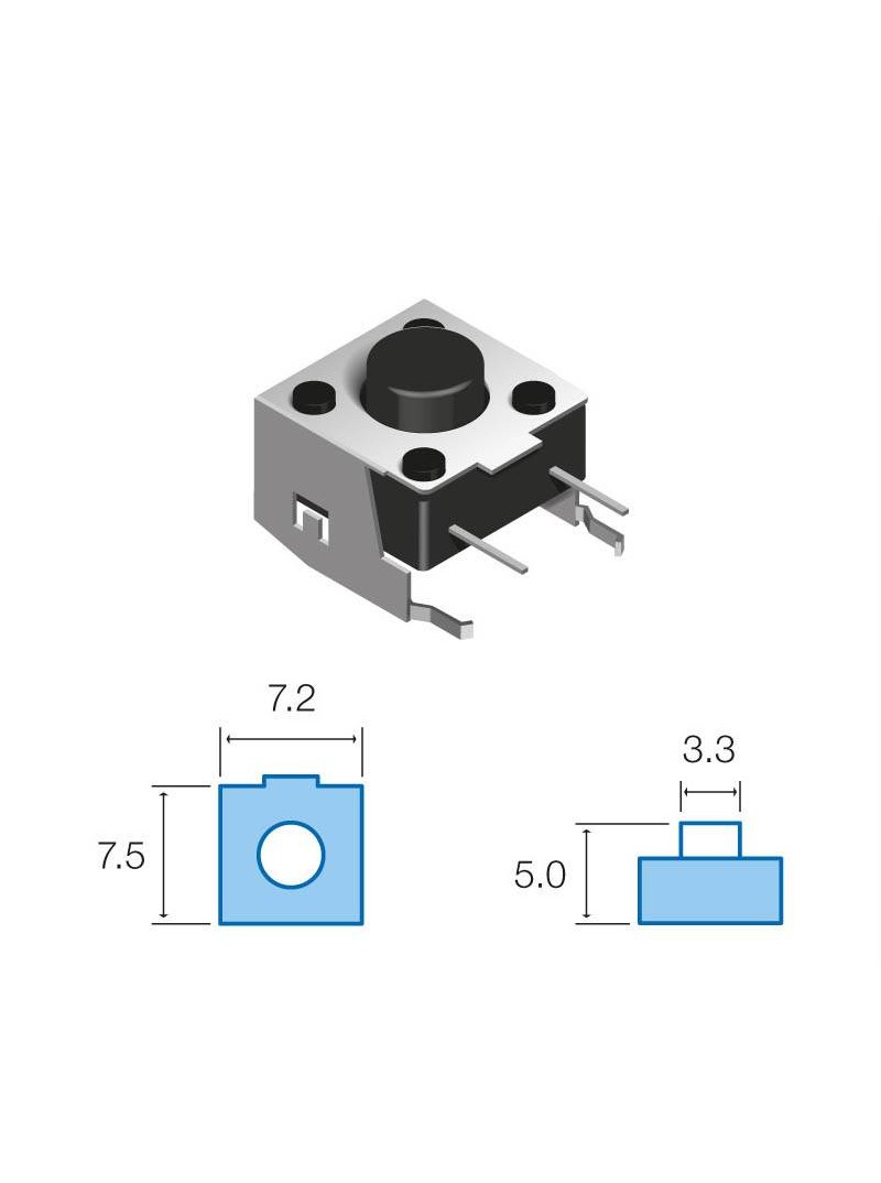 MICRO PULSADOR DE TACTO DIP 4 PIN - (ON) OFF - PARA PCB PASANTE - 7,2x7,2x5mm - 90º