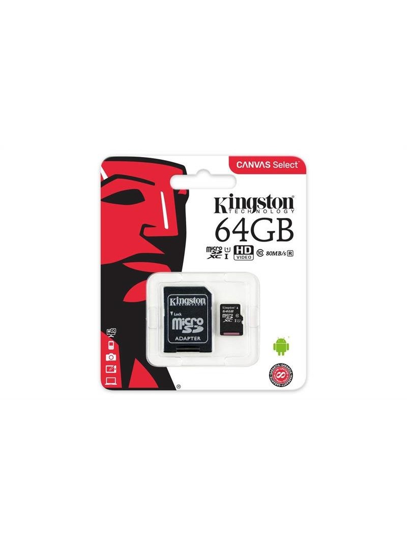 MEMORIA MICRO SD UHS-I 64GB KINGSTON - CL10 - CON ADAPTADOR A SD - HD VIDEO