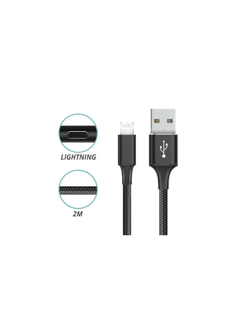 CONEXION USB 2.0 - LIGHTNING - TRENZADO DE NYLON - CARGA Y SINCRON. - 2 METROS -  IPHONE IPAD  - PLATA