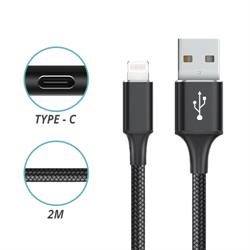CONEXION USB 2.0 a TIPO C - TRENZADO DE NYLON - CARGA Y SINCRO. - 2 METRO - NEGRO