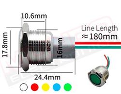 PILOTO LED INDICADOR - 12 A 24 VDC - AZUL - ORIFICIO MONTAJE 16mm - IP67 - METALICO