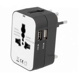 ADAPTADOR DE RED UNIVERSAL PARA VIAJE - RETRACTIL - 2 PUERTOS USB CARGA RAPIDA - MAS 150 PAISES