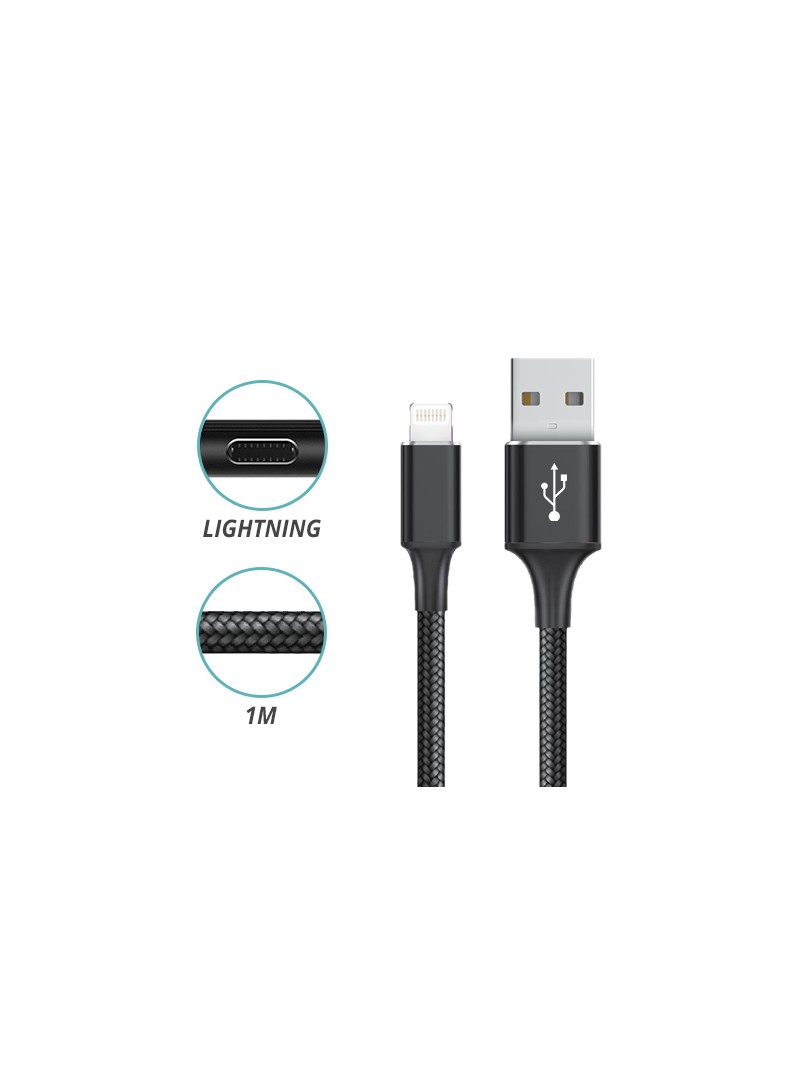 CONEXION USB 2.0 - LIGHTNING - TRENZADO DE NYLON - CARGA Y SINCRON. - 1 METRO -  IPHONE IPAD  - PLATA