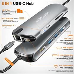 HUB DE USB TIPO C - 8 en 1 - x1 GLAN  x1 HDMI  x1 USBC  x1 SD  x3 USB3.0 - HASTA 100W
