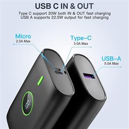 BATERIA EXTERNA CARGA RAPIDA PD 22,5W 10000mAh - USB-C MicroUSB USB