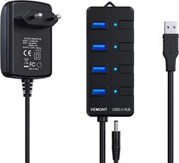 HUB USB ME-  ACTIVO - X4 USB 3.0 - CON ALIMENTADOR INCLUIDO - CABLE 1,2mts- NEGRO