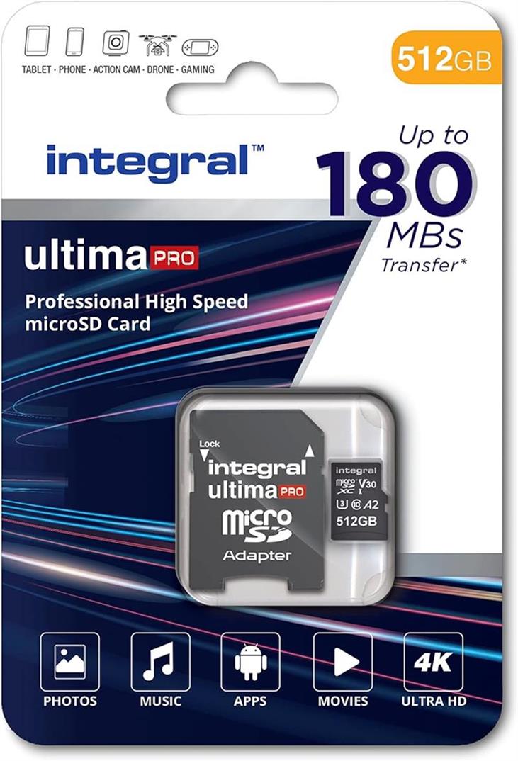 MEMORIA MICRO SD 512GB INTEGRAL - 180/150MBs - V30 CL10 + ADAPTADOR