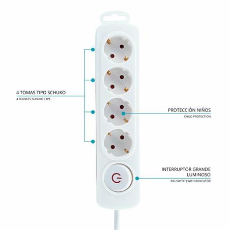 REGLETA 4 TOMAS SCHUKO - 3x1,5mm 16A - CON INTERRUPTOR - CABLE 1,3 METROS