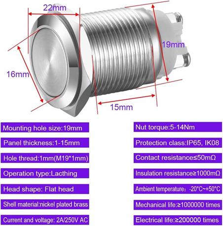 INTERRUPTOR DE PRESION ANTIVANDALICO - 250V 5A - 2 POSICIONES - OFF ON - ACERO INOXIDABLE - Orificio Montaje 19MM