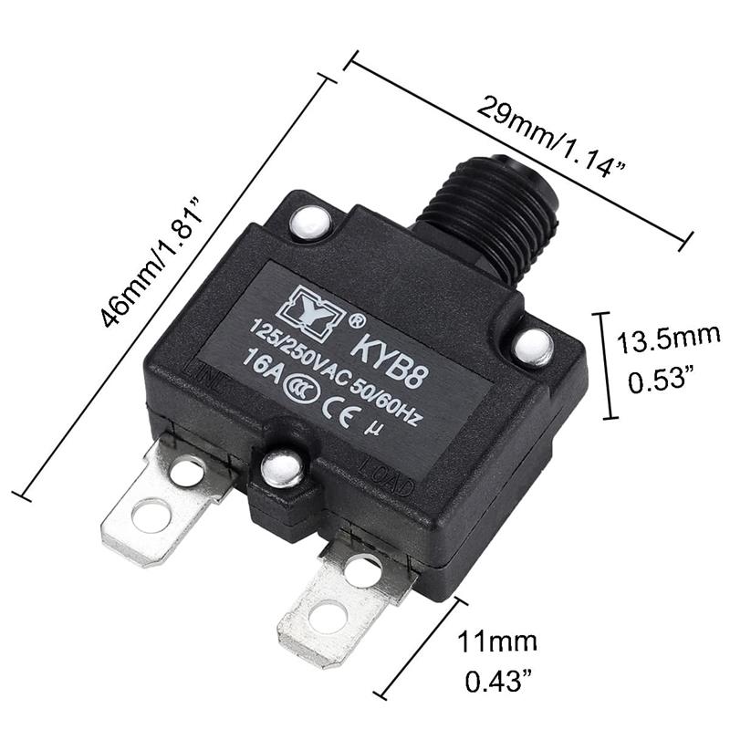 DISYUNTOR - MAGNETOTERMICO UNIPOLAR 16A - BOTON MANUAL - FASTON 6,3x0,8mm - 46x29x13,5mm - KYB8