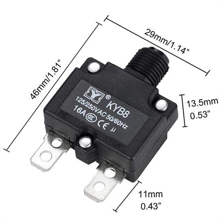 DISYUNTOR - MAGNETOTERMICO UNIPOLAR 16A - BOTON MANUAL - FASTON 6,3x0,8mm - 46x29x13,5mm - KYB8