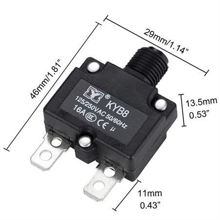 DISYUNTOR - MAGNETOTERMICO UNIPOLAR 16A - BOTON MANUAL - FASTON 6,3x0,8mm - 46x29x13,5mm - KYB8