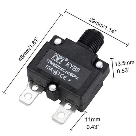 DISYUNTOR - MAGNETOTERMICO UNIPOLAR 10A - BOTON MANUAL - FASTON 6,3x0,8mm - 46x29x13,5mm - KYB8
