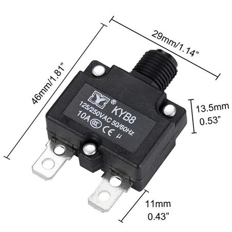DISYUNTOR - MAGNETOTERMICO UNIPOLAR 10A - BOTON MANUAL - FASTON 6,3x0,8mm - 46x29x13,5mm - KYB8