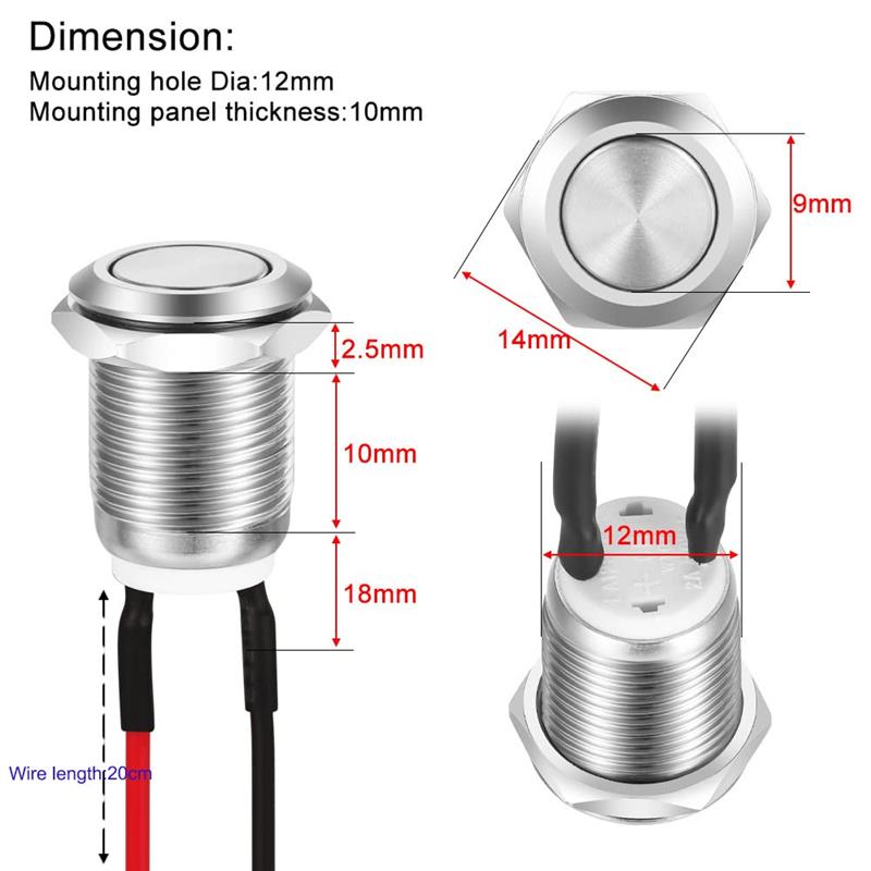 PULSADOR DE PRESION METALICO ANTIVANDALICO IP65 - SPST - OFF (ON) - 2A 12V 24V 250V - ORIFICIO MONTAJE 12mm - CABLES 20CM