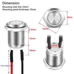 PULSADOR DE PRESION METALICO ANTIVANDALICO IP65 - SPST - OFF (ON) - 2A 12V 24V 250V - ORIFICIO MONTAJE 12mm - CABLES 20CM
