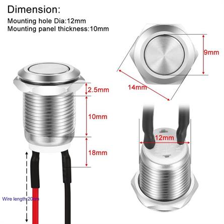 PULSADOR DE PRESION METALICO ANTIVANDALICO IP65 - SPST - OFF (ON) - 2A 12V 24V 250V - ORIFICIO MONTAJE 12mm - CABLES 20CM