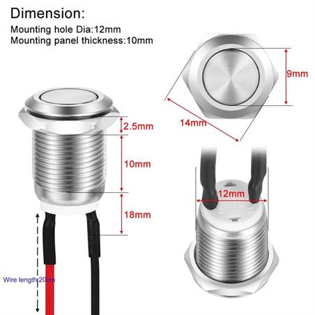 PULSADOR DE PRESION METALICO ANTIVANDALICO IP65 - SPST - OFF (ON) - 2A 12V 24V 250V - ORIFICIO MONTAJE 12mm - CABLES 20CM