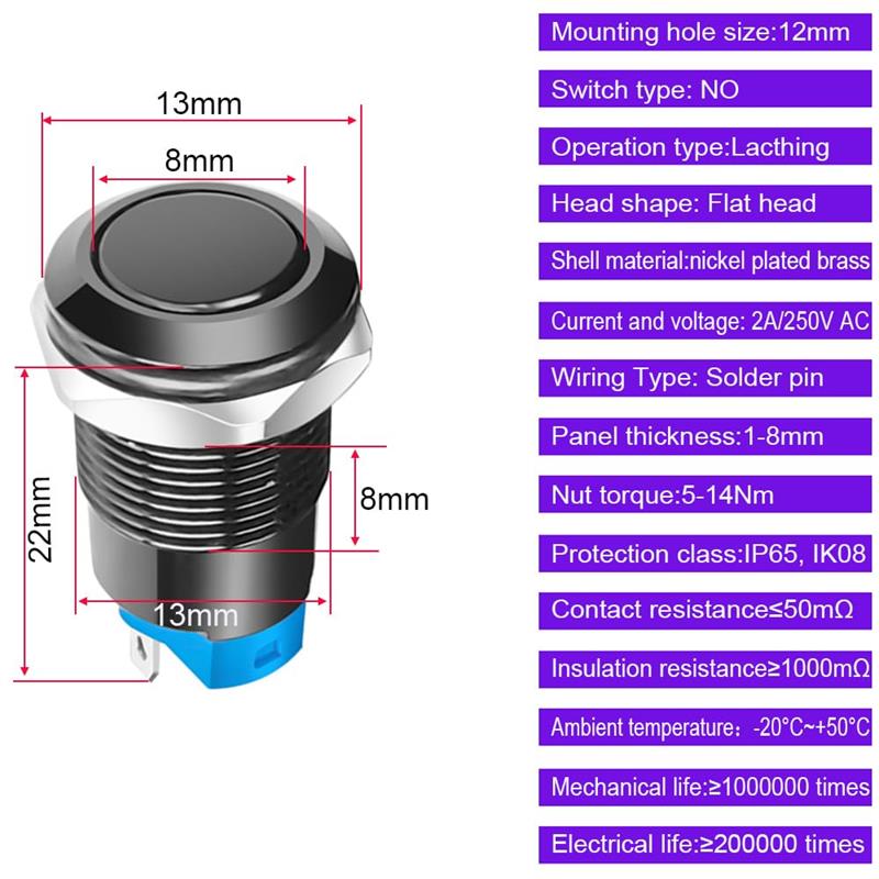 INTERRUPTOR DE PRESION IP65 - 250V 3A - 2 POSICIONES - OFF ON - Orificio Montaje 12MM - TERMINALES PARA SOLDAR
