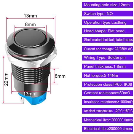 INTERRUPTOR DE PRESION IP65 - 250V 3A - 2 POSICIONES - OFF ON - Orificio Montaje 12MM - TERMINALES PARA SOLDAR