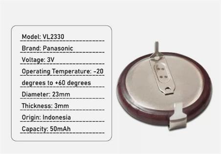 BATERIA PANASONIC 3V - PARA LLAVE BMW - 23X3mm - PARA SOLDAR - ML2330 VL2330 - PATILLAS A 180º - ANCLAJE HORIZONTAL