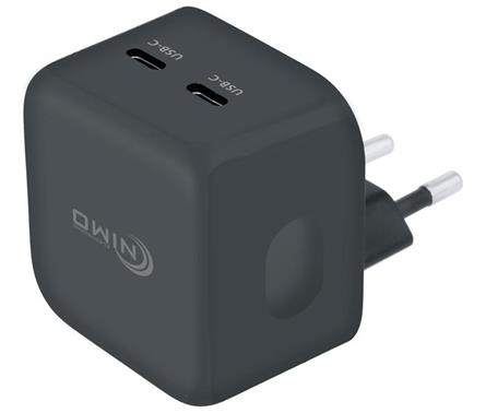 CARGADOR USB NIMO 36W - PD - ENTRADA AC100-240V -  x2 USBC - NEGRO