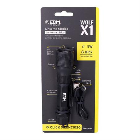 LINTERNA LED TACTICA CON ZOOM - RECARGABLE - 5W 500 LUMENS - 3 MODOS - IP67 - ALUMINIO - Ø32x139mm
