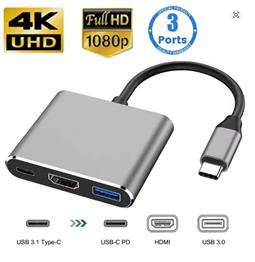 HUB DE USB TIPO C - 3 en 1 -  x1 HDMI 4K@30hz  x1 USBC PD  x1 USB3.0