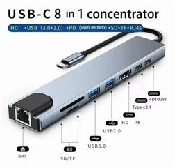 HUB DE USB TIPO C - 8 en 1 - x1 GLAN  x1 HDMI  x2 USBC PD x1 SD  x2 USB3.0 - HASTA 100W