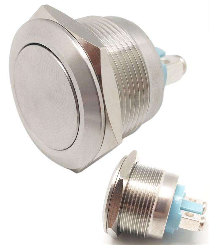 PULSADOR DE PRESION METALICO ANTIVANDALICO - OFF (ON) - 5A 250V - ORIFICIO MONTAJE 16mm - TERMINALES A TORNILLO