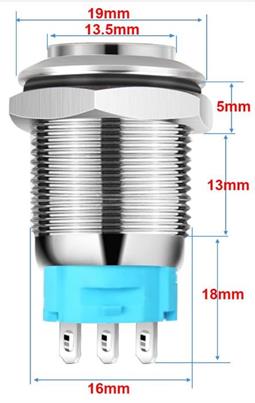 INTERRUPTOR DE PRESION ANTIVANDALICO - 250V 2A - 1NO+1NC - 2 POSICIONES - OFF ON - ACERO INOXIDABLE - Orificio Montaje 16MM