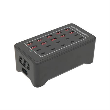 BASE DE CARGA USB MULTIPLE - 100W - 10 USB-A + 10 USB-C - SALIDA POR PUERTO 5V 2,4A - NEGRO