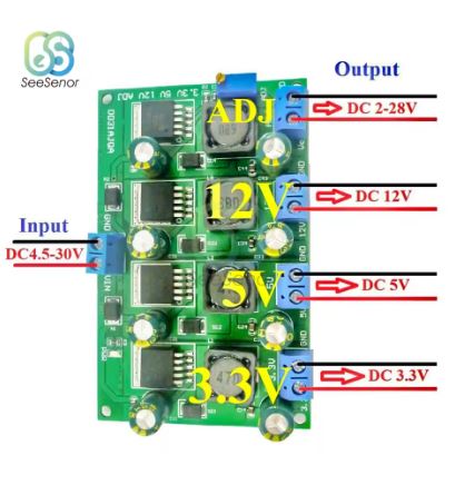 MODULO DE ALIMENTADION MULTIPLE - ENTRADA DC 4.5 a 30V - x4 SALIDAS DC 12V + 5V + 3,3V + AJUSTABLE 2-28v