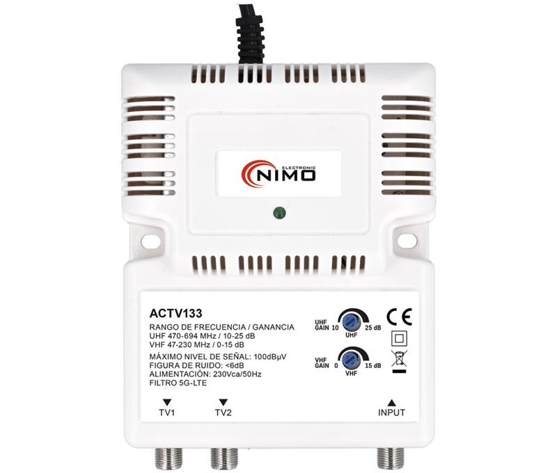 AMPLIFICADOR DE INTERIOR NIMO TV CON FILTRO LTE UHF+VHF - 1 ENTRADA - 2 SALIDAS - Hasta 25dBs REGULABLES - 130x105x43mm