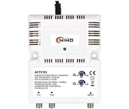 AMPLIFICADOR DE INTERIOR NIMO TV CON FILTRO LTE UHF+VHF - 1 ENTRADA - 2 SALIDAS - Hasta 25dBs REGULABLES - 130x105x43mm