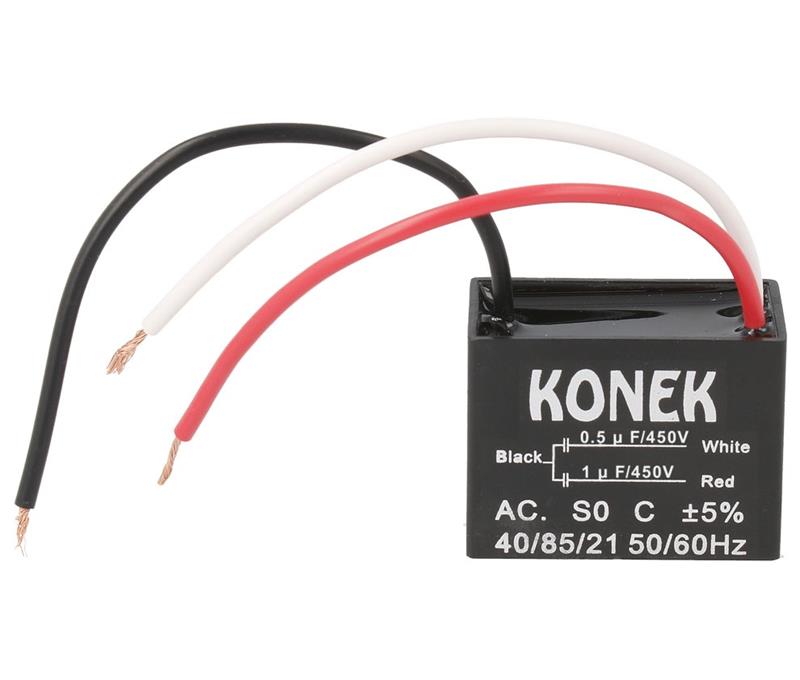 CONDENSADOR DE ARRANQUE DE MOTOR DOBLE 1+1.5UF 450VAC - CABLES 110mm - 38X20X29mm