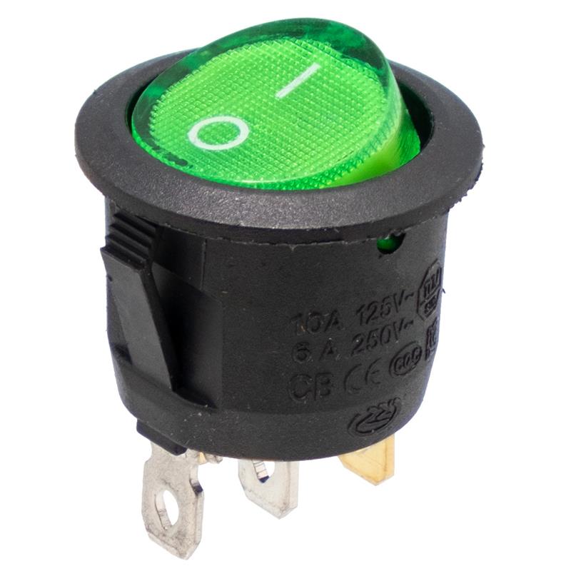 INTERRUPTOR BASCULANTE REDONDO - 2 posiciones 125V 10A - ON-OFF - Ø23mm - PILOTO VERDE a 12VDC