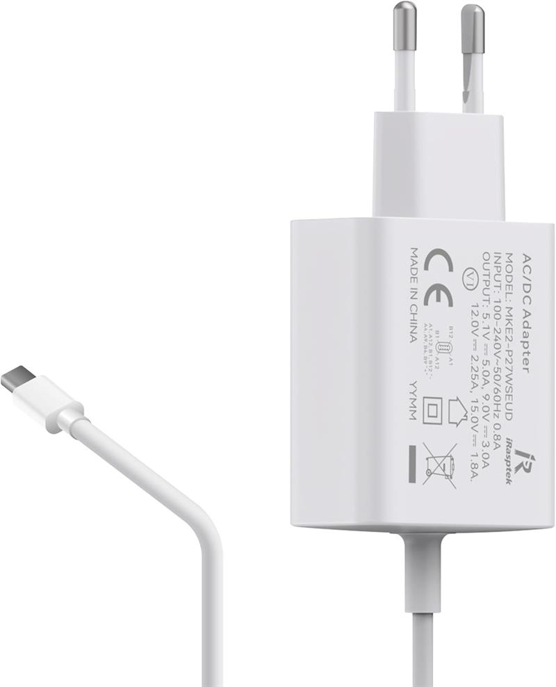 ALIMENTADOR iRASPTEK - 100-230VCA a USBC- 5V 3A / 9V 3A / 12V 2,25A / 15V 1,8A - 27W - CABLE 1,5m - COMPATIBLE RASPBERRY PI 5