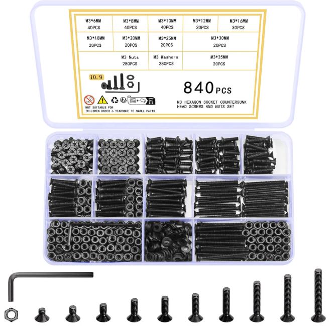JUEGO DE TORNILLERIA DE ACERO - 840 UDS - METRICA M3 - AVELLANADOS (TORNILLOS ALLEN Y TUERCAS) - VARIAS MEDIDAS - NEGRO