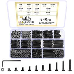 JUEGO DE TORNILLERIA DE ACERO - 840 UDS - METRICA M3 - AVELLANADOS (TORNILLOS ALLEN Y TUERCAS) - VARIAS MEDIDAS - NEGRO
