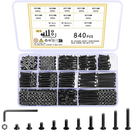 JUEGO DE TORNILLERIA DE ACERO - 840 UDS - METRICA M3 - AVELLANADOS (TORNILLOS ALLEN Y TUERCAS) - VARIAS MEDIDAS - NEGRO