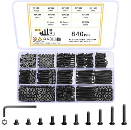 JUEGO DE TORNILLERIA DE ACERO - 840 UDS - METRICA M3 - AVELLANADOS (TORNILLOS ALLEN Y TUERCAS) - VARIAS MEDIDAS - NEGRO