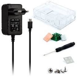 KIT ACCESORIOS PARA RASPBERRY PI 3 B - CAJA TRANSPARENTE + CARGADOR 5V / 3000mA + DISIPADORES TEMPERATURA