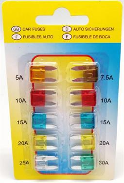 KIT DE FUSIBLES AUTOMOCION - MINI - 10 UNIDADES -  5A 7,5A 10A 15A 20A 25A 30A